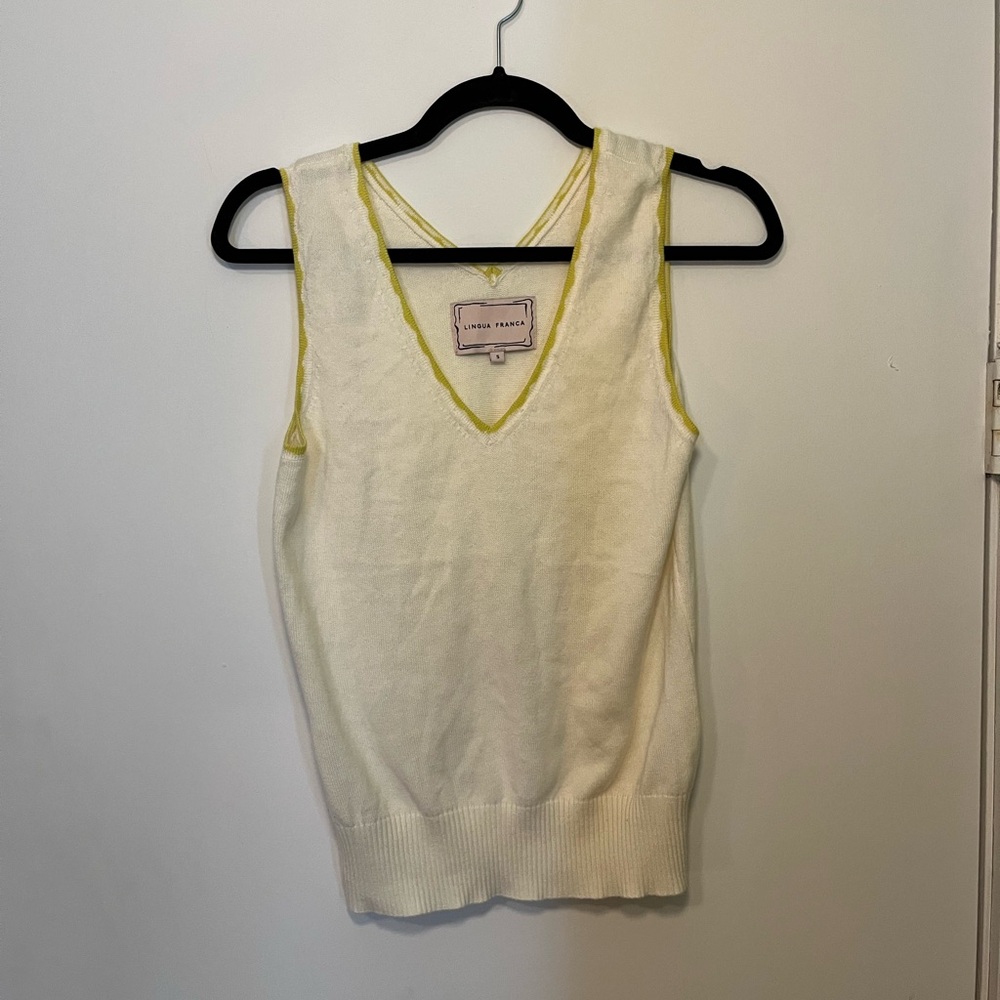 Lingua Franca Women’s V-Neck Cream Tank Top with Yellow Trim